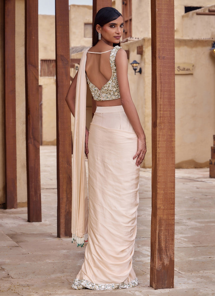 Blush Champagne Satin Pre-Draped Saree