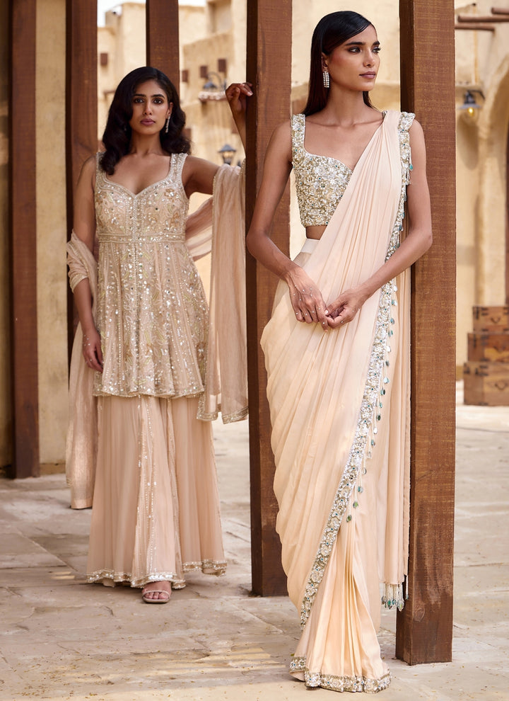 Blush Champagne Satin Pre-Draped Saree