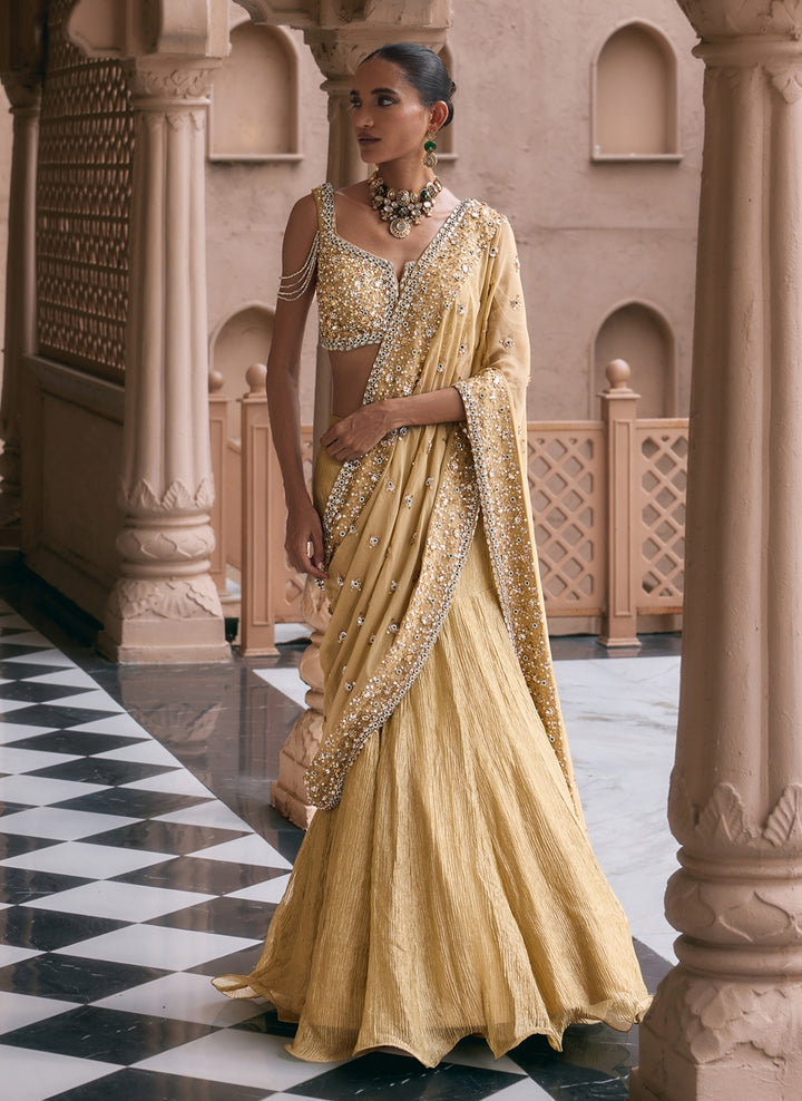 Beige Gold Georgette Pre-Draped Lehenga Saree Set