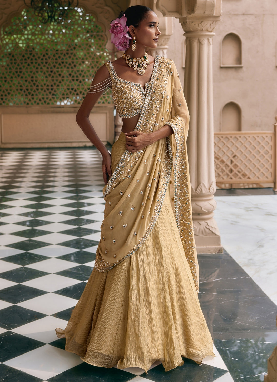 Beige Gold Georgette Pre-Draped Lehenga Saree Set