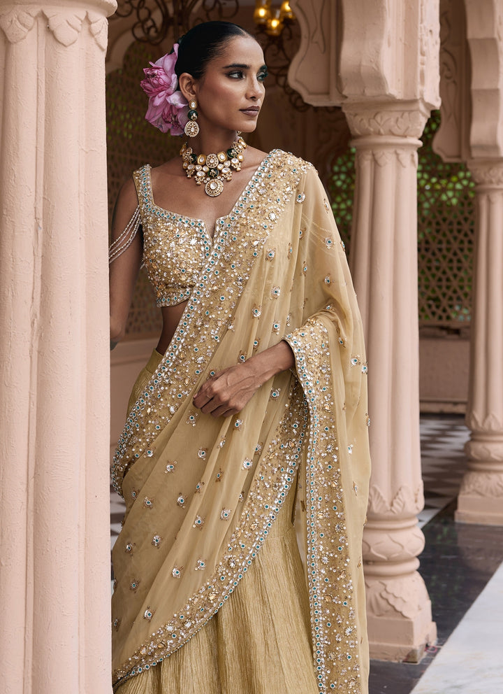 Beige Gold Georgette Pre-Draped Lehenga Saree Set
