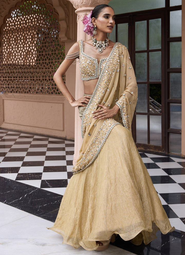 Beige Gold Georgette Pre-Draped Lehenga Saree Set