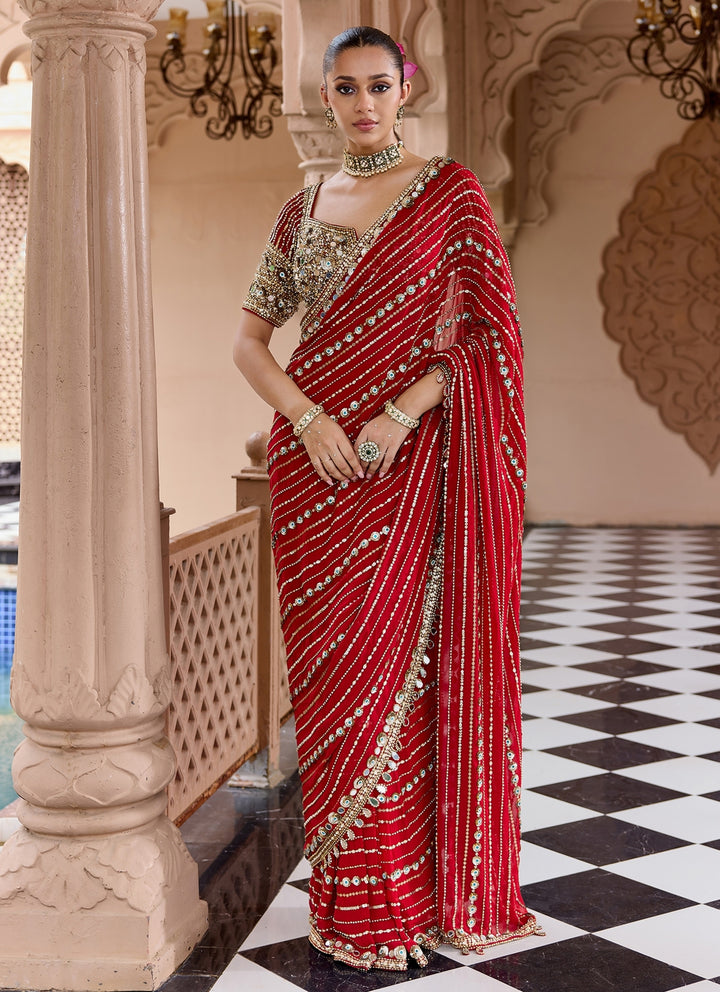 Deep Red Georgette Pre-Draped Saree Set