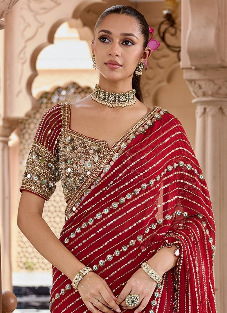 Deep Red Georgette Pre-Draped Saree Set
