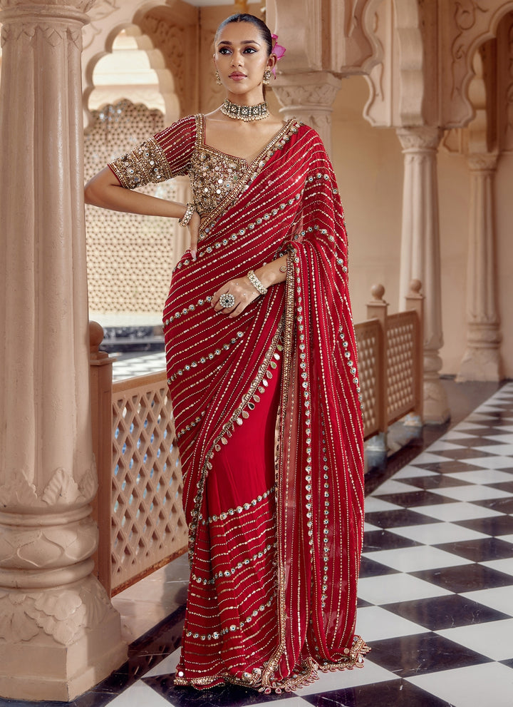 Deep Red Georgette Pre-Draped Saree Set