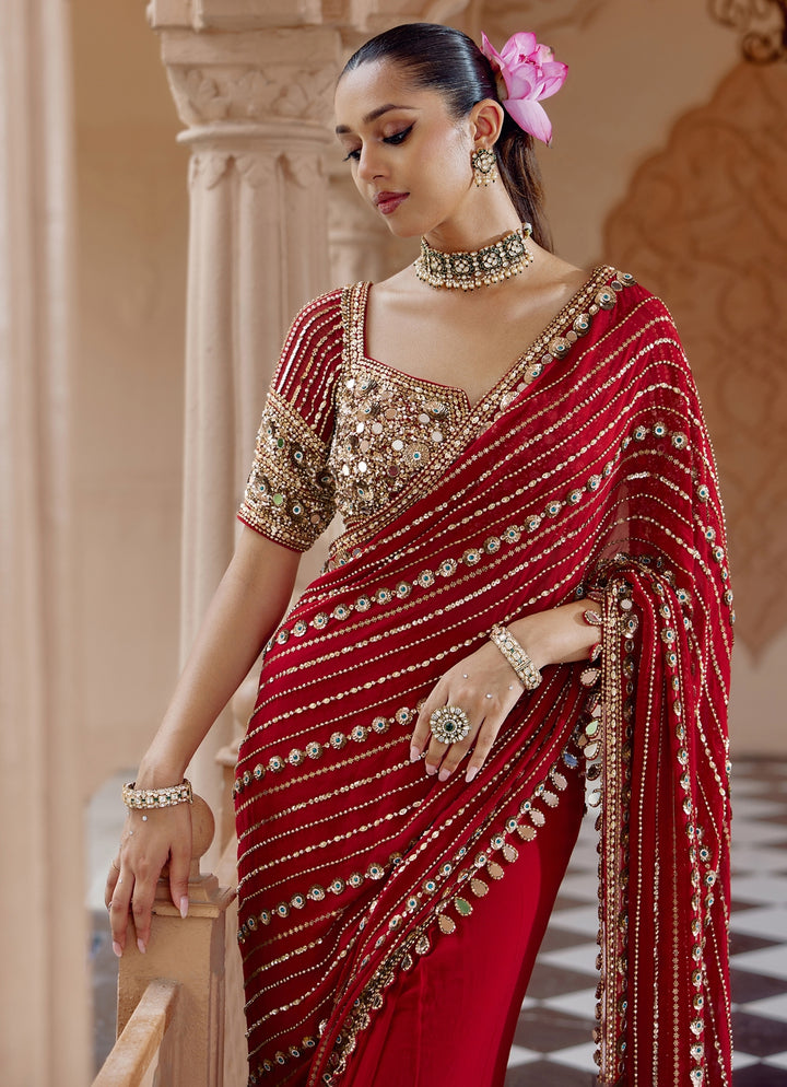 Deep Red Georgette Pre-Draped Saree Set