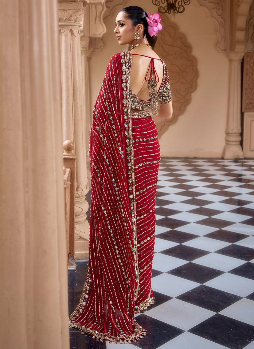 Deep Red Georgette Pre-Draped Saree Set