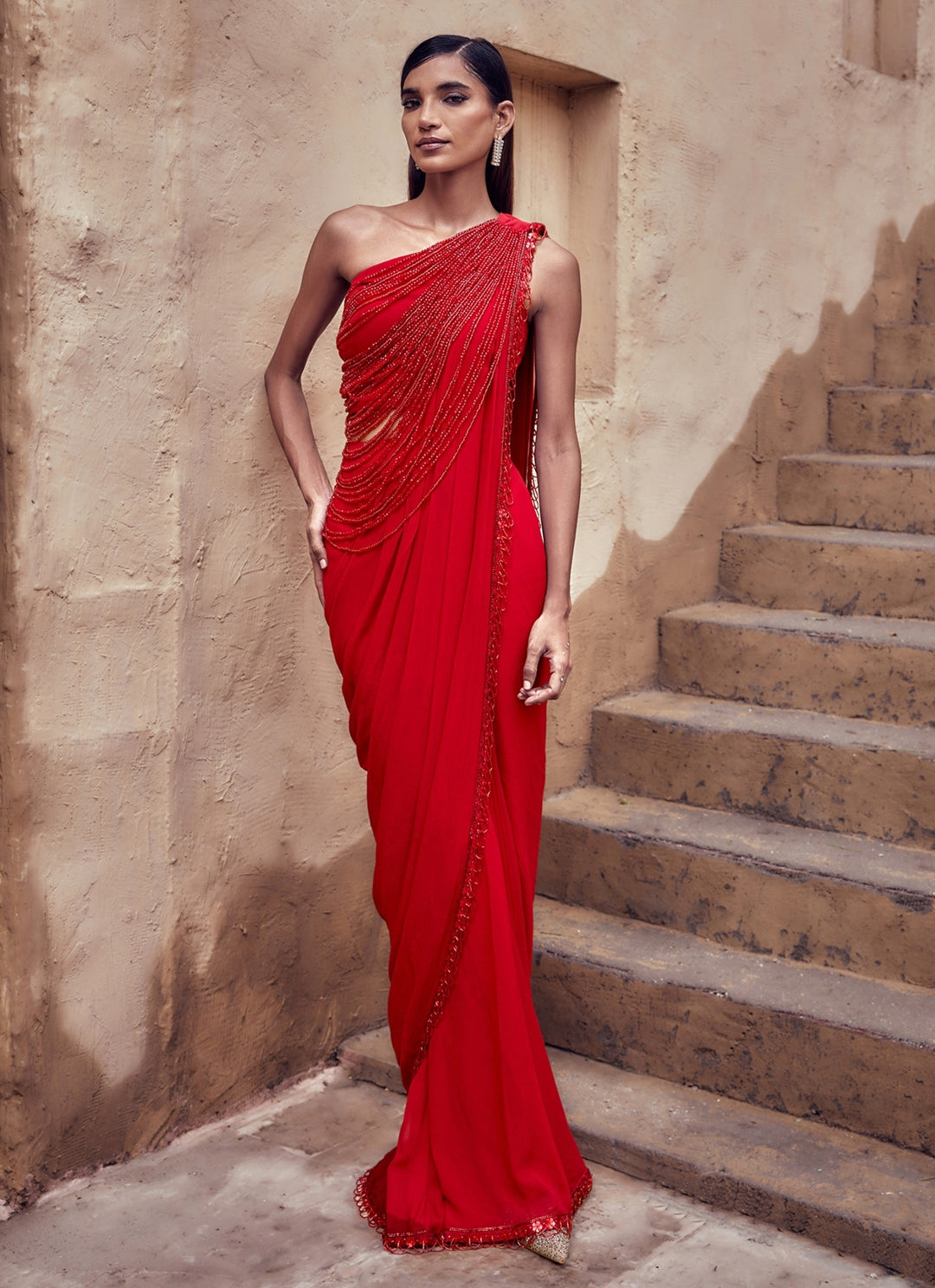 Red Georgette Pre-Draped Saree Set