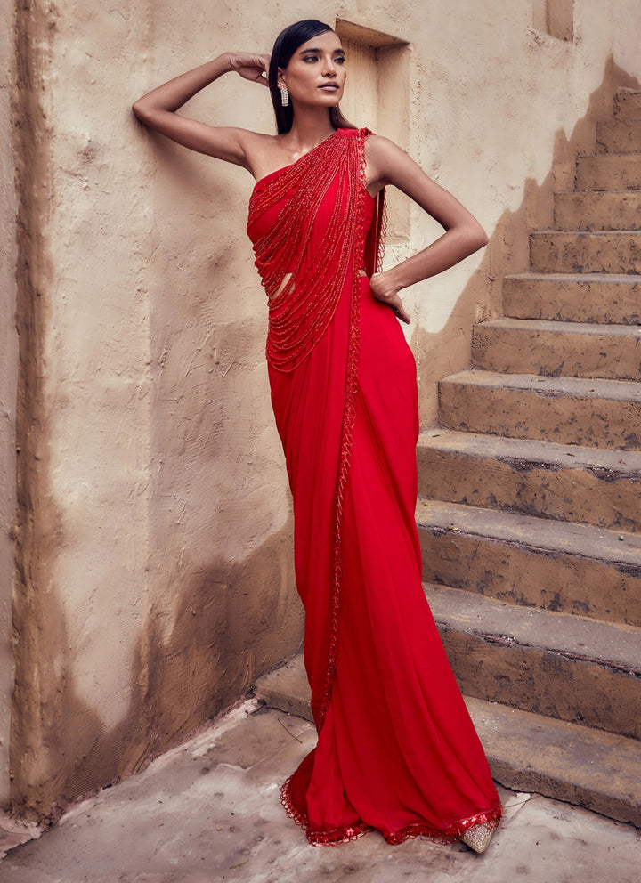 Red Georgette Pre-Draped Saree Set