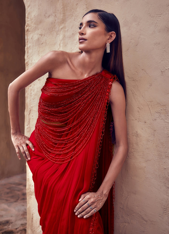 Red Georgette Pre-Draped Saree Set