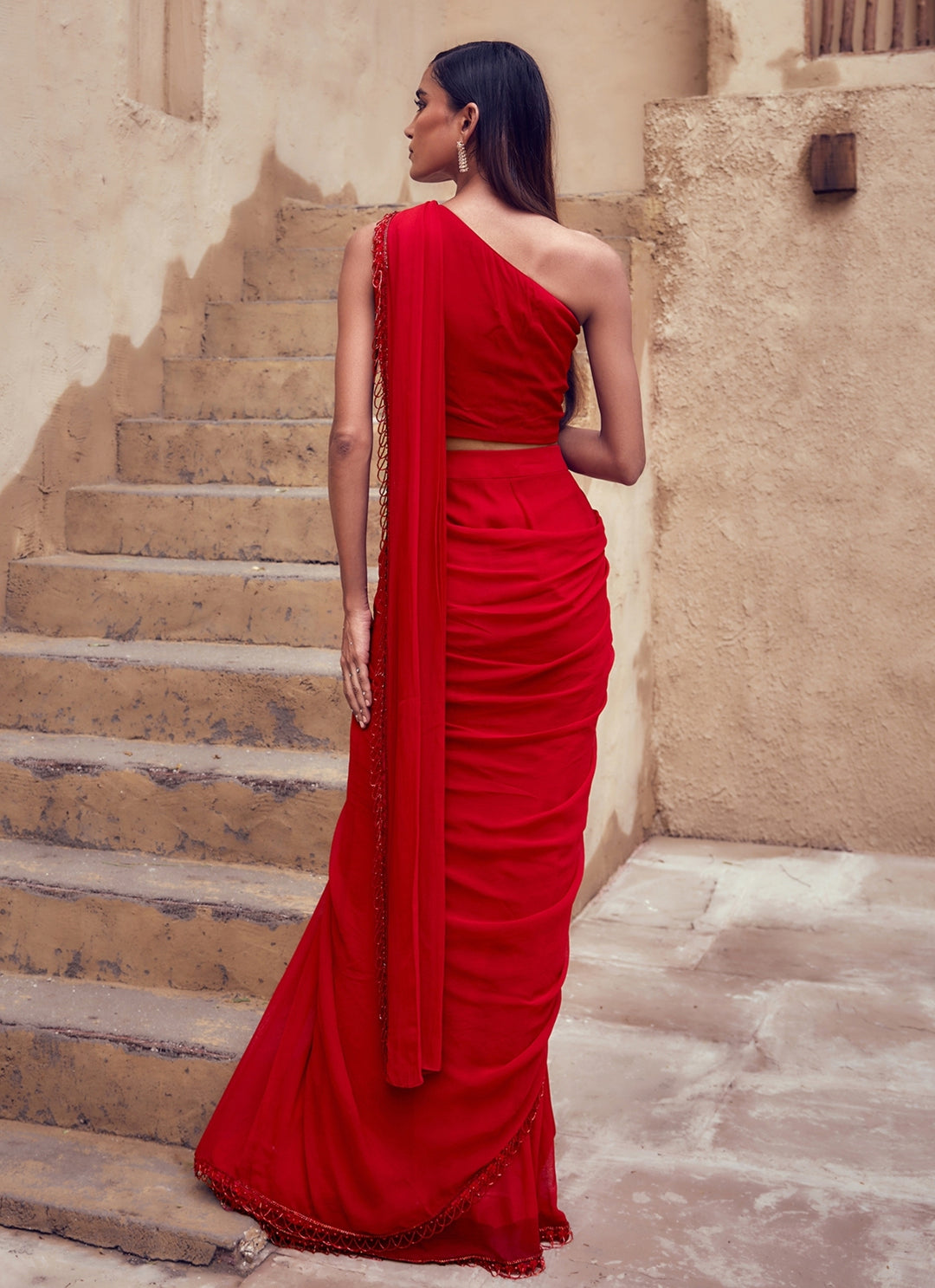 Red Georgette Pre-Draped Saree Set