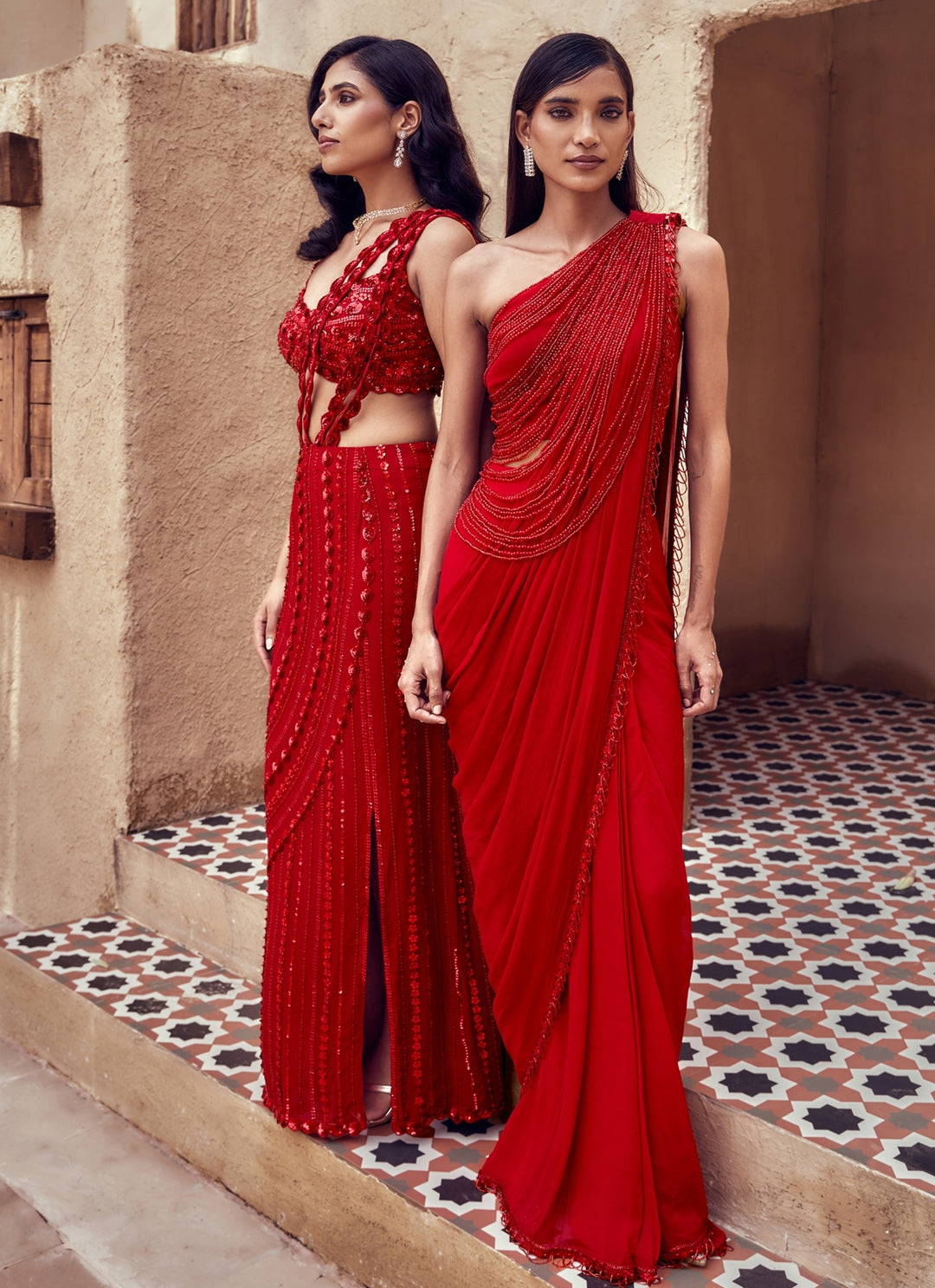 Red Georgette Pre-Draped Saree Set