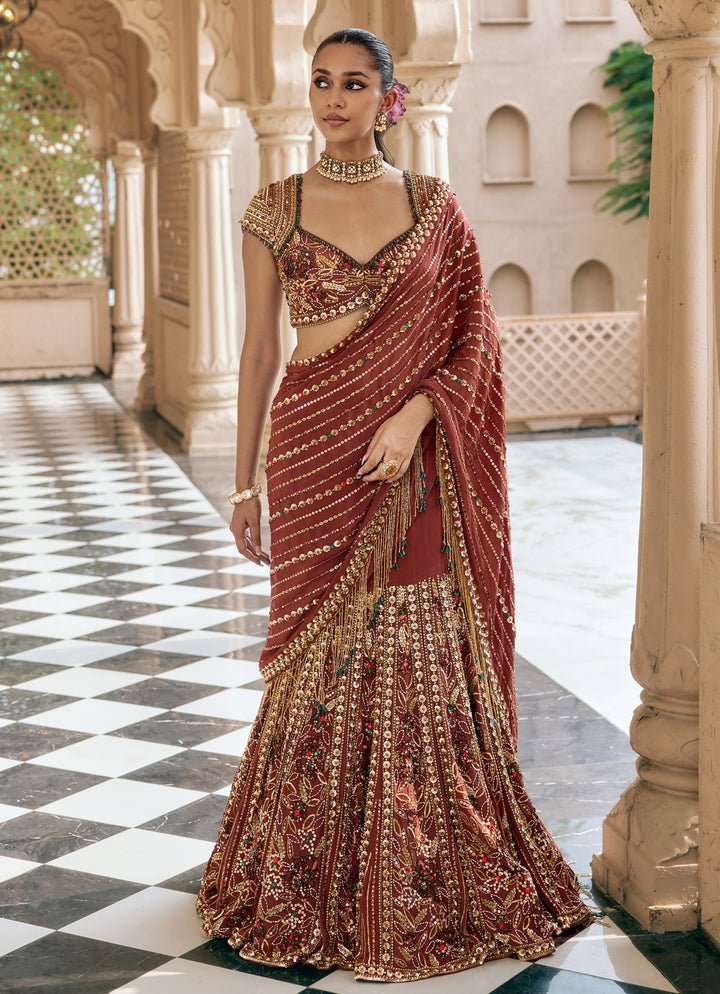Mocha Brown Crepe Lehenga Saree Set