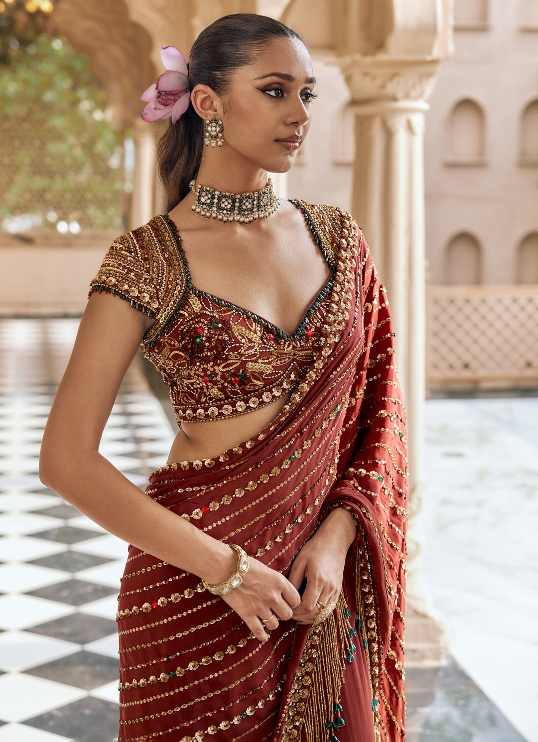 Mocha Brown Crepe Lehenga Saree Set