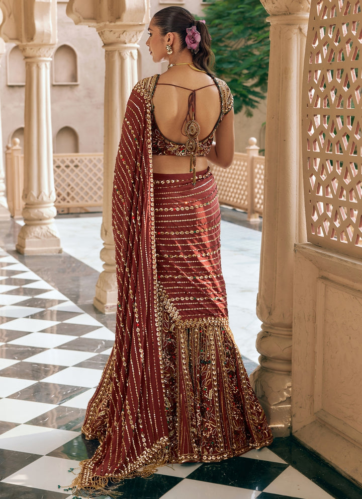 Mocha Brown Crepe Lehenga Saree Set