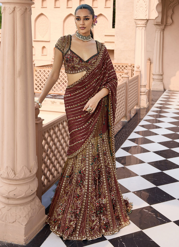Mocha Brown Crepe Lehenga Saree Set