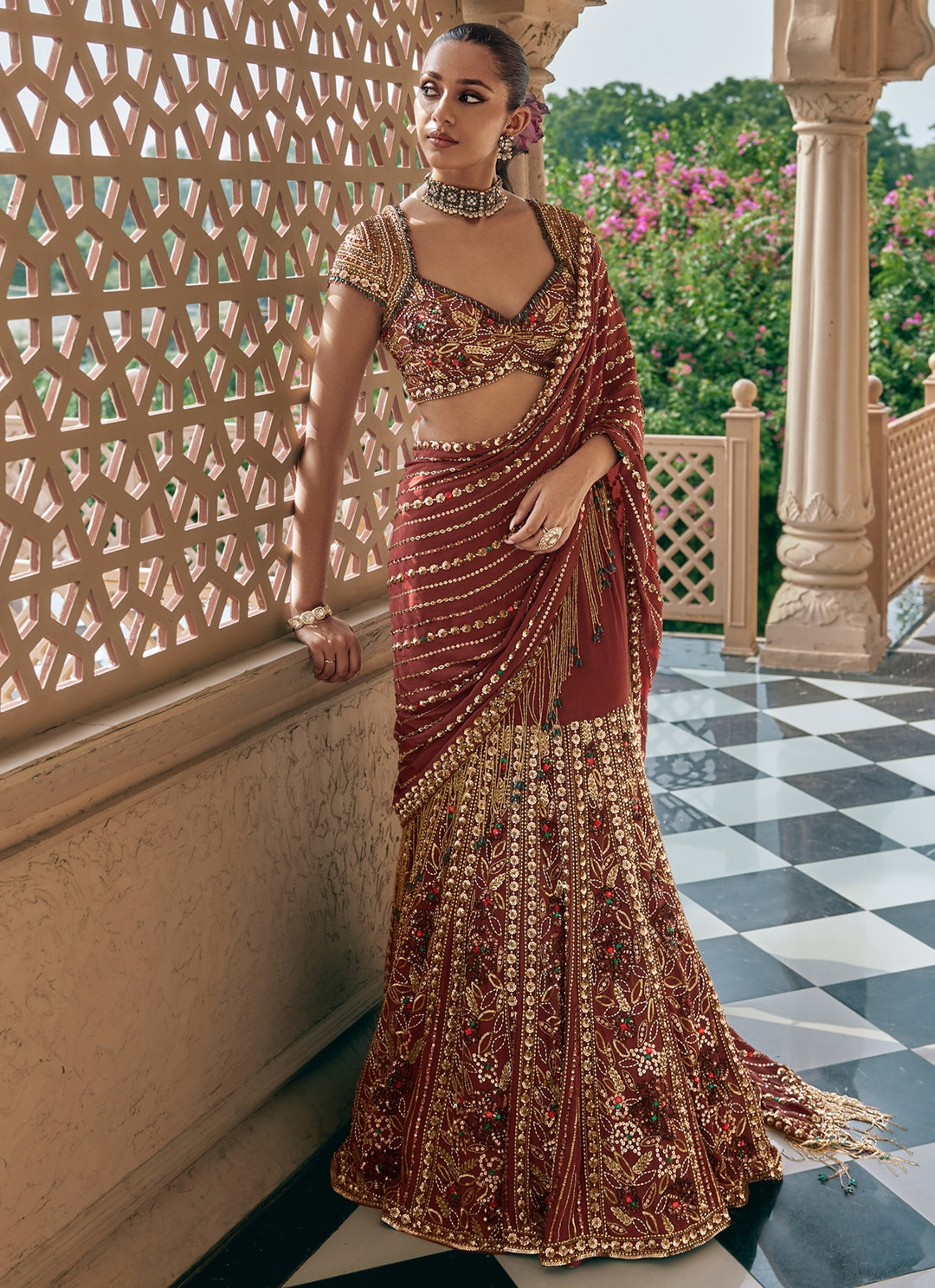 Mocha Brown Crepe Lehenga Saree Set