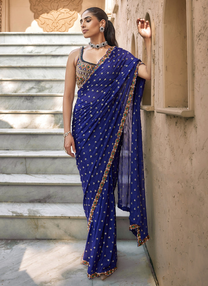 Purplish Blue Embroidered Chiffon Saree Set