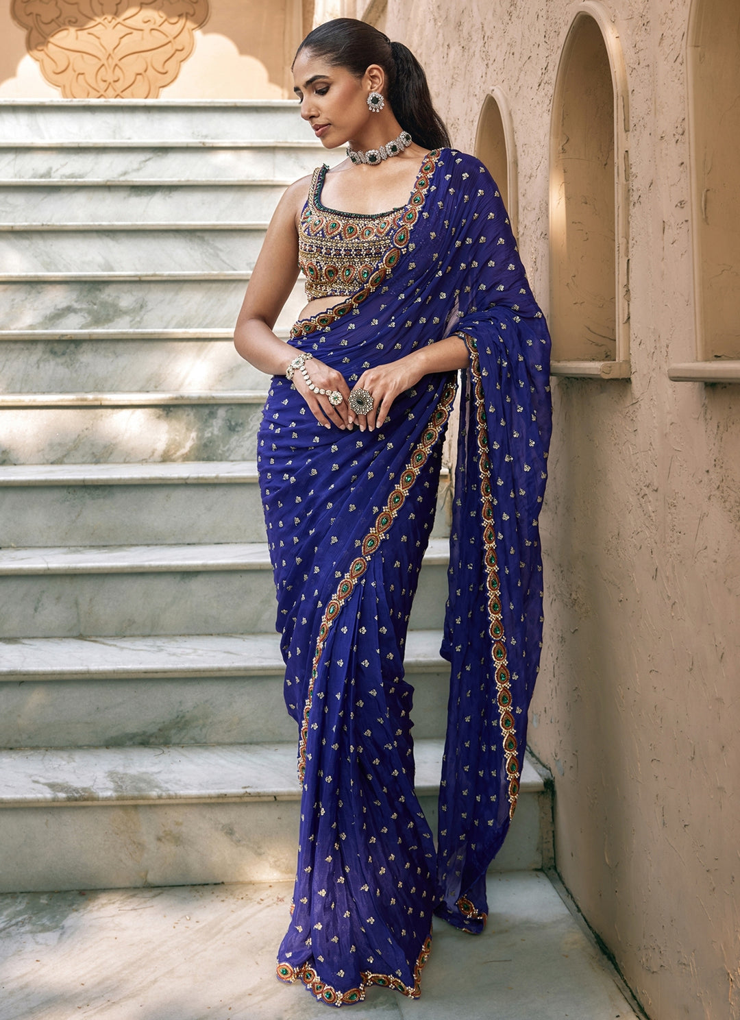 Purplish Blue Embroidered Chiffon Saree Set