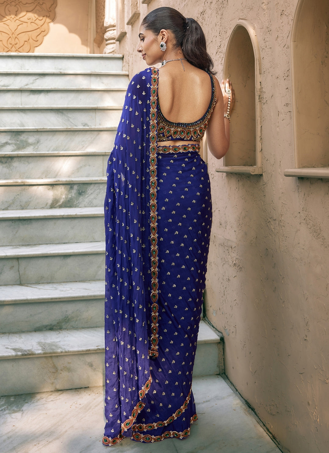 Purplish Blue Embroidered Chiffon Saree Set
