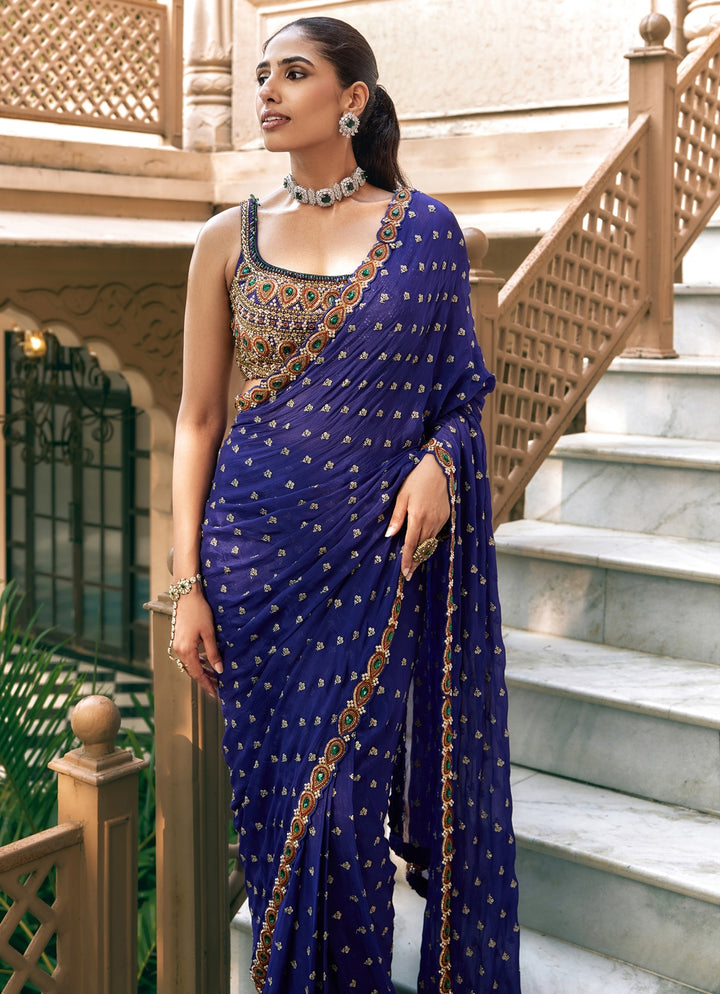 Purplish Blue Embroidered Chiffon Saree Set