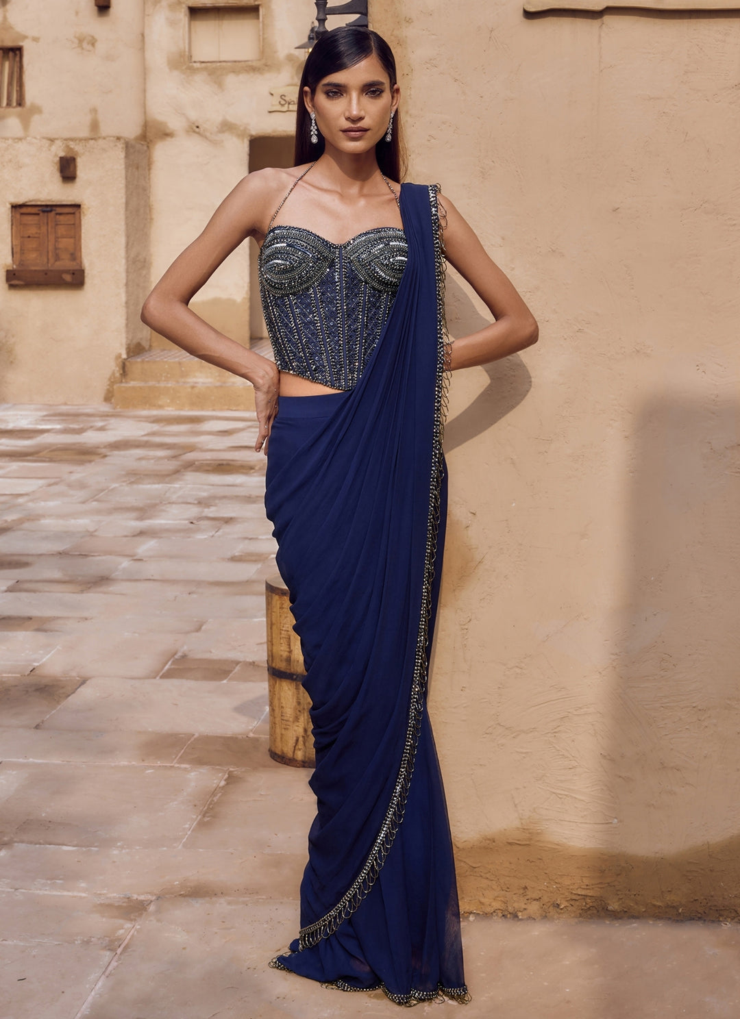 Blue Georgette Corset Pre-Draped Saree Set With Corset Blouse