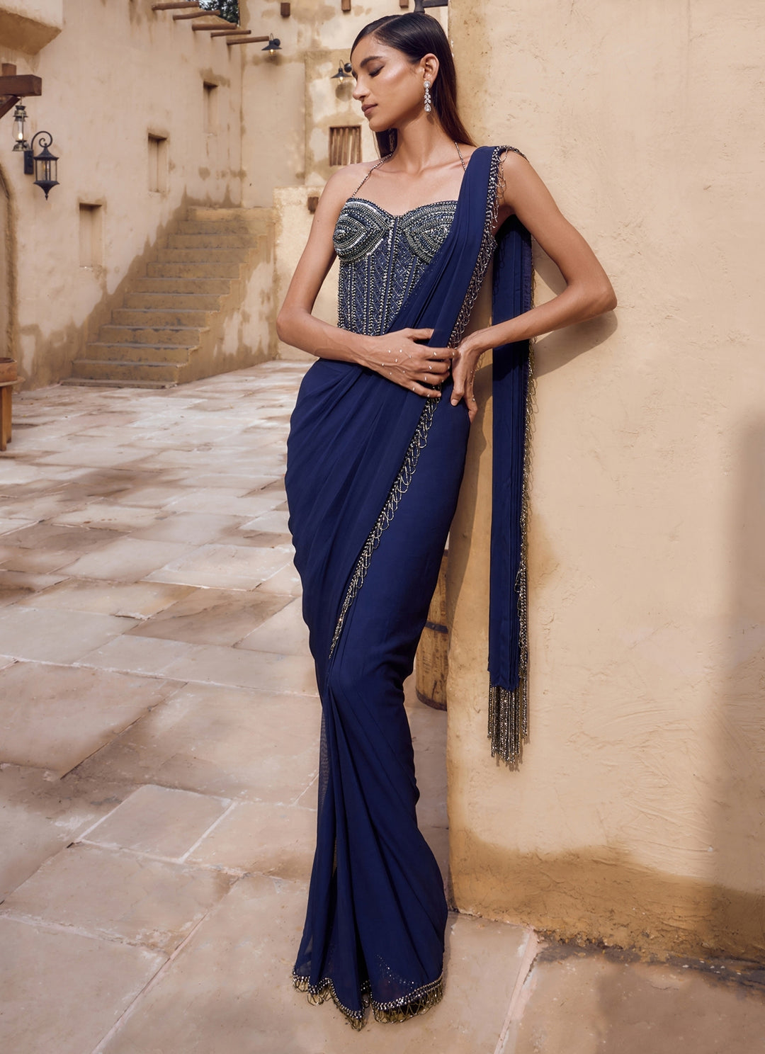 Blue Georgette Corset Pre-Draped Saree Set With Corset Blouse