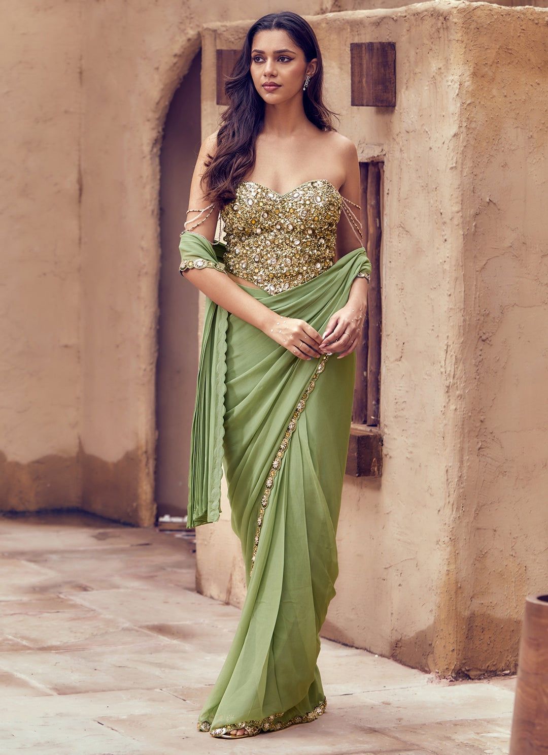 Sage Green Georgette Pre-Draped Saree With Corset