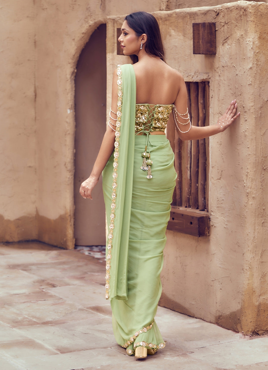 Sage Green Georgette Pre-Draped Saree With Corset