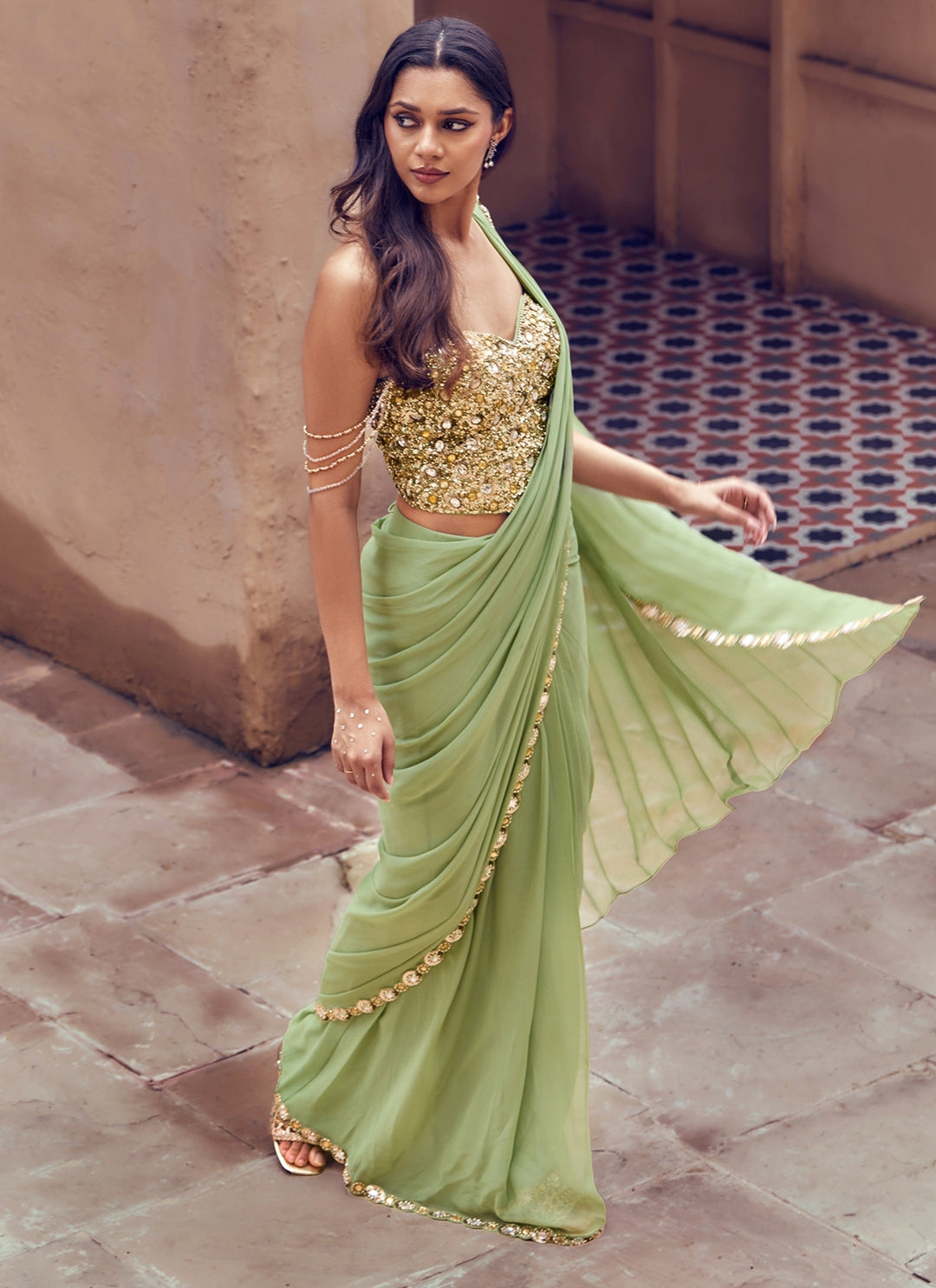 Sage Green Georgette Pre-Draped Saree With Corset