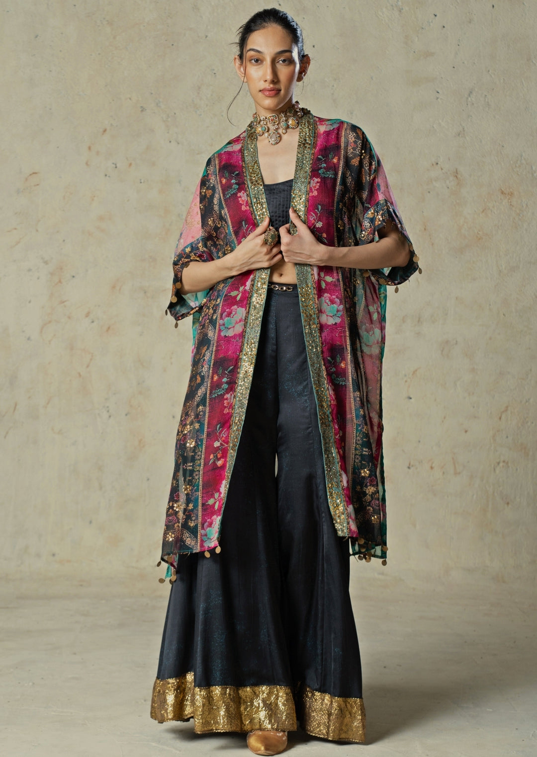 Black Printed Organza Blouse Sharara Set