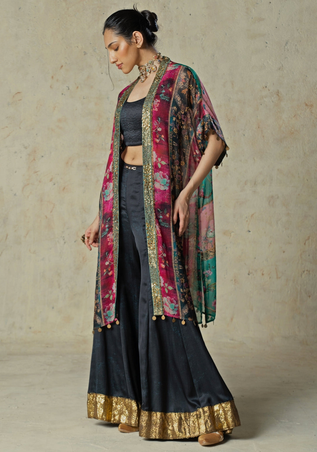 Black Printed Organza Blouse Sharara Set