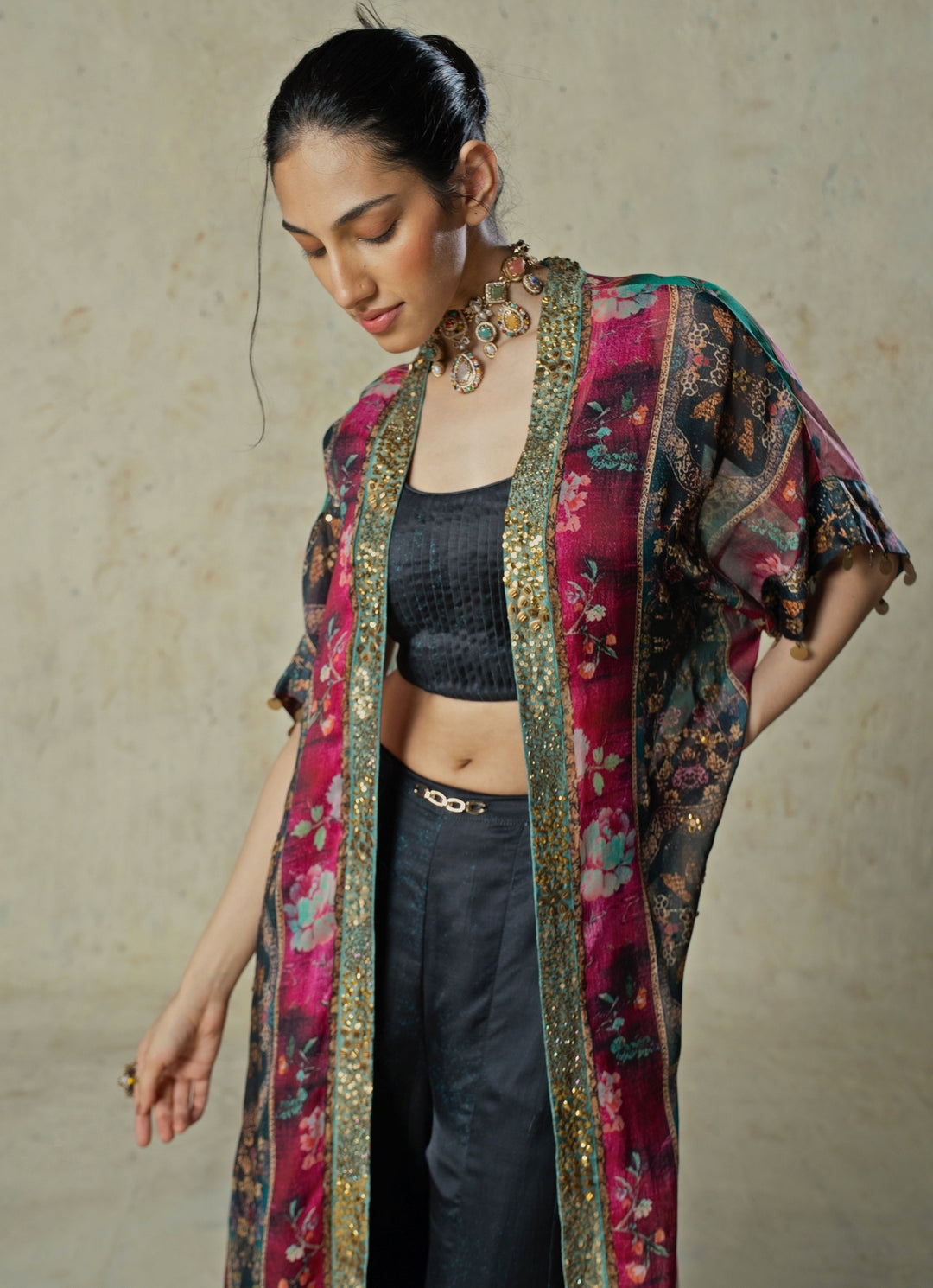 Black Printed Organza Blouse Sharara Set