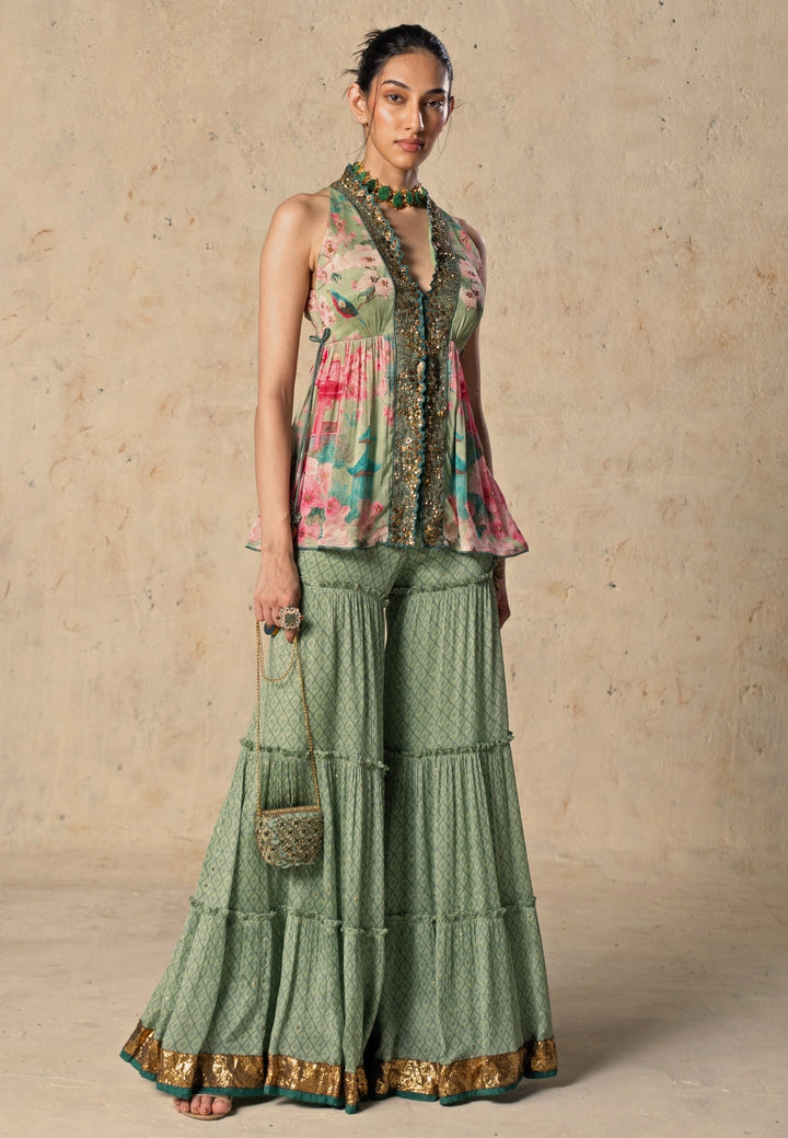 Green Printed Chiffon Pants Set