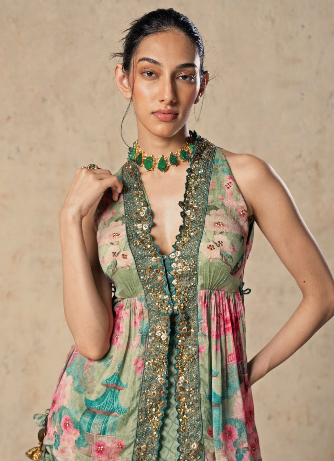 Green Printed Chiffon Pants Set
