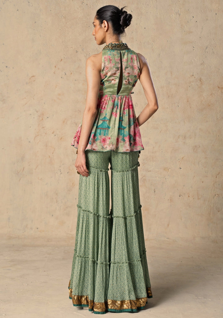 Green Printed Chiffon Pants Set