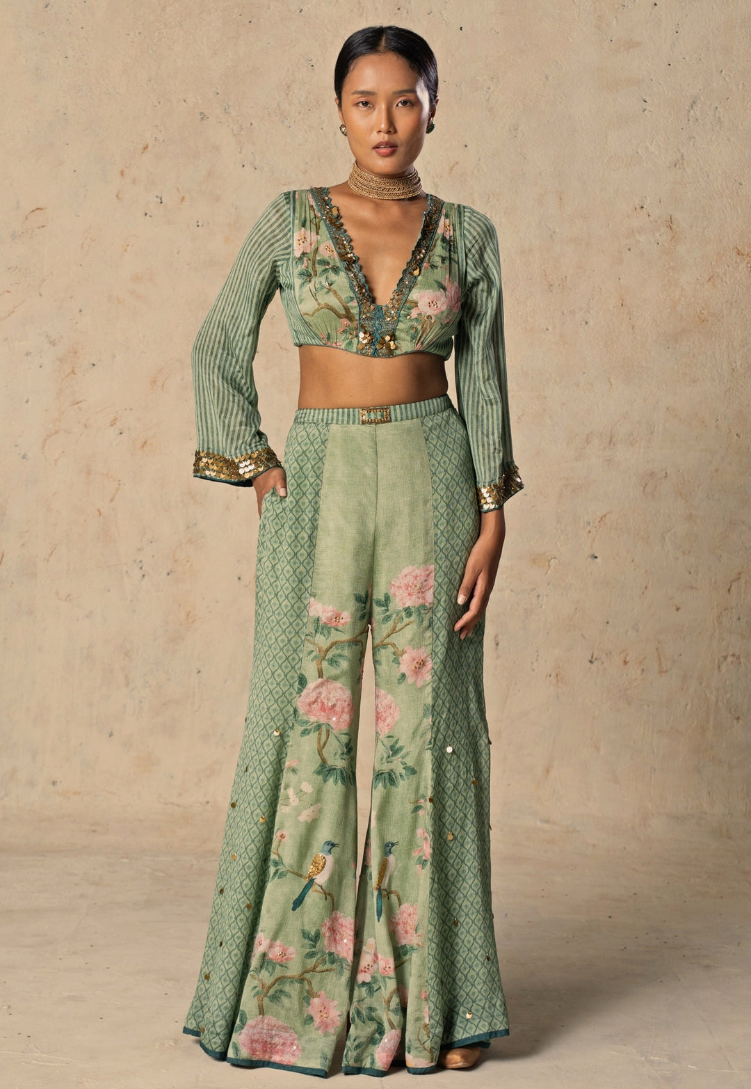 Green Printed Chiffon Blouse Palazzo Set