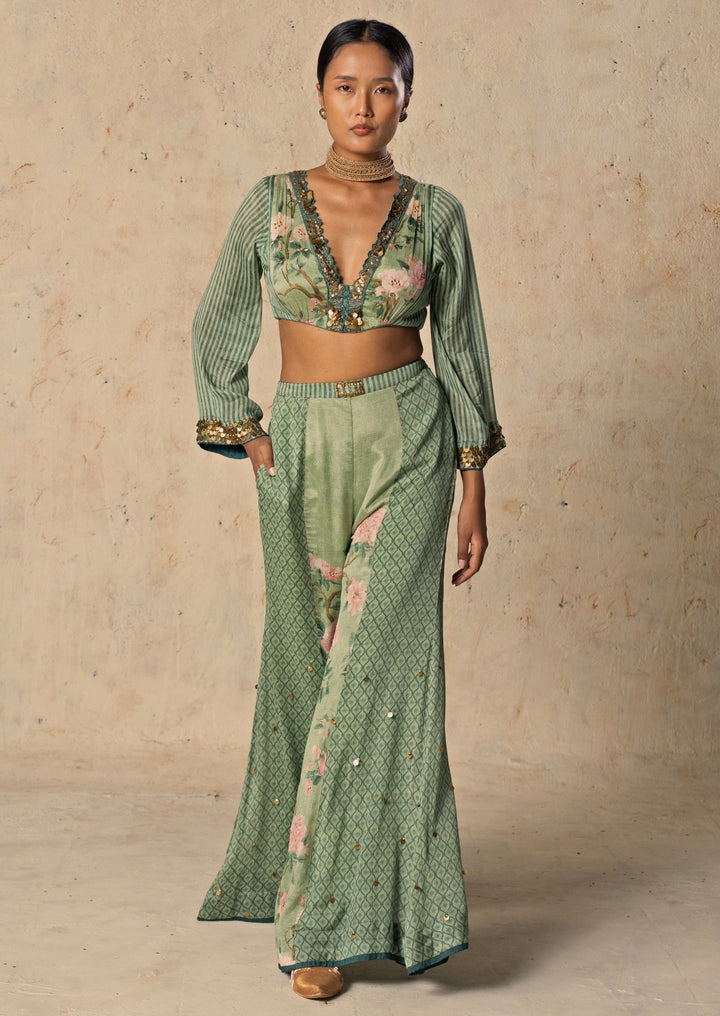 Green Printed Chiffon Blouse Palazzo Set