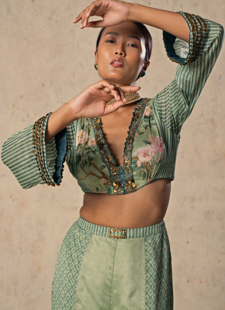 Green Printed Chiffon Blouse Palazzo Set