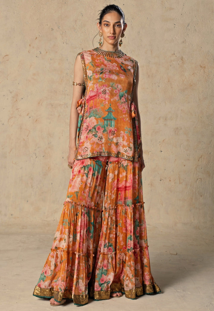 Orange Printed Chiffon Pants Set