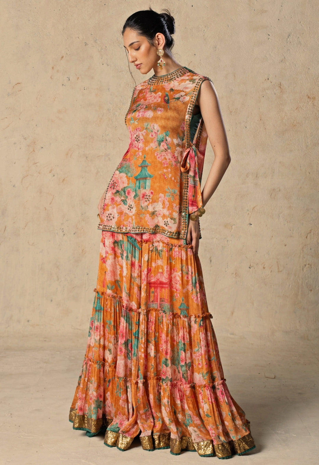 Orange Printed Chiffon Pants Set