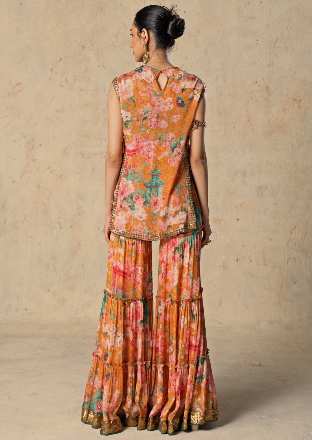Orange Printed Chiffon Pants Set