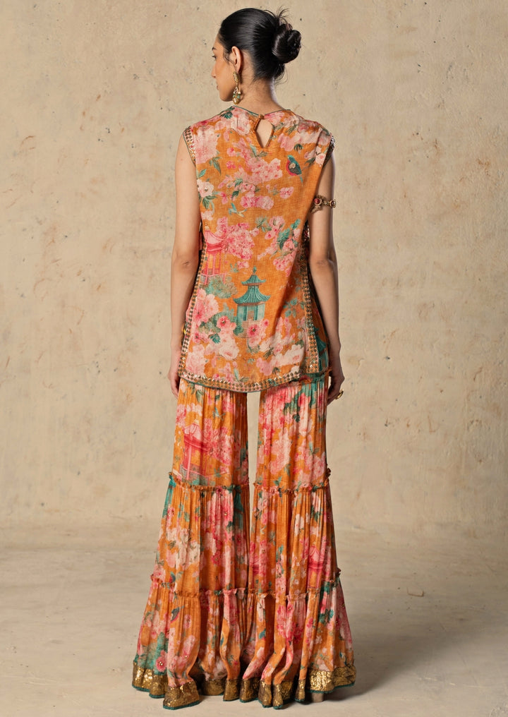 Orange Printed Chiffon Pants Set