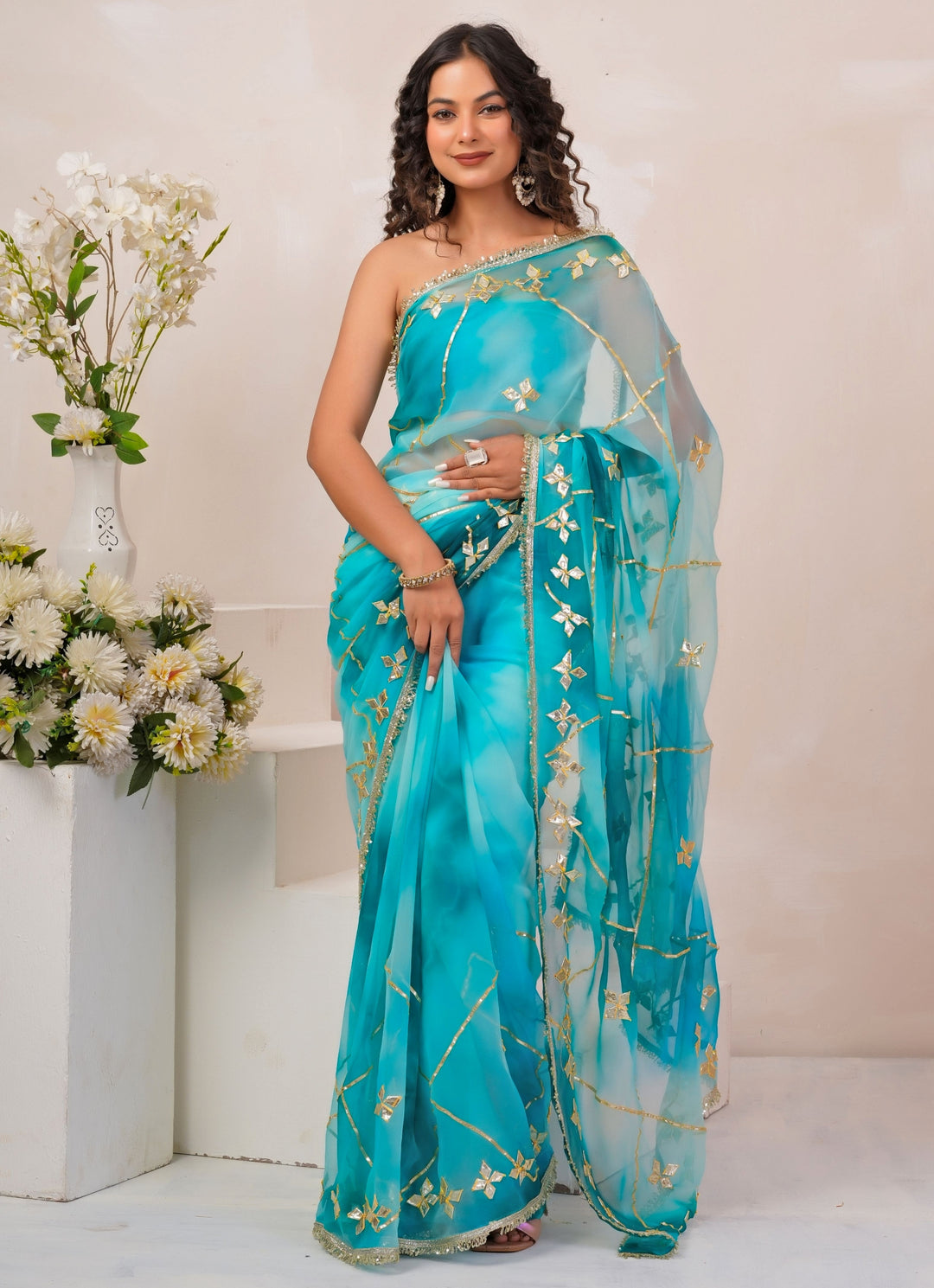 Turquoise Blue Shaded Georgette Saree