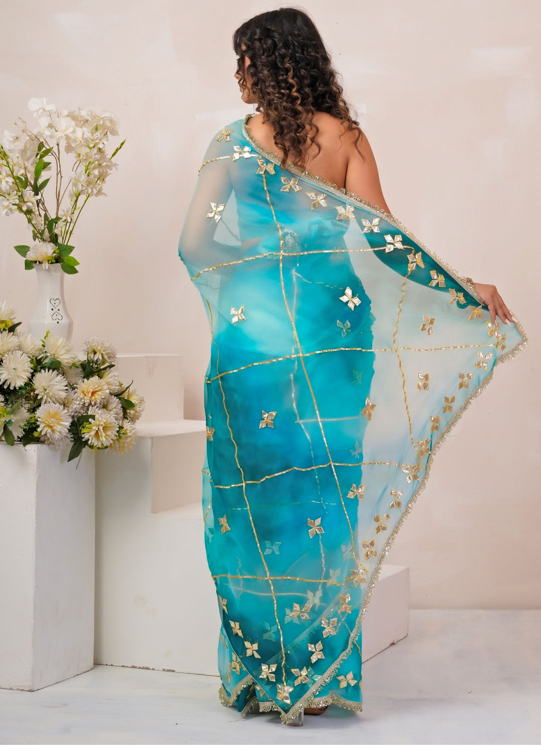 Turquoise Blue Shaded Georgette Saree