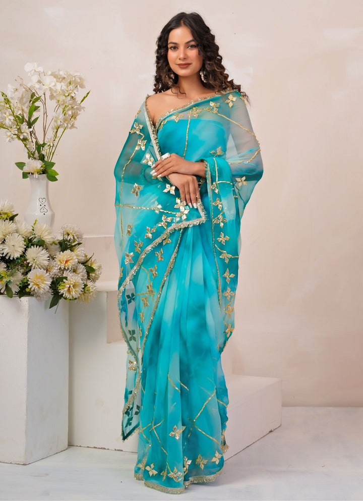 Turquoise Blue Shaded Georgette Saree
