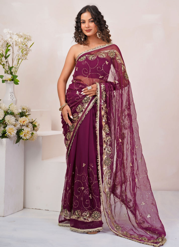 Wine Embroidered Georgette Saree