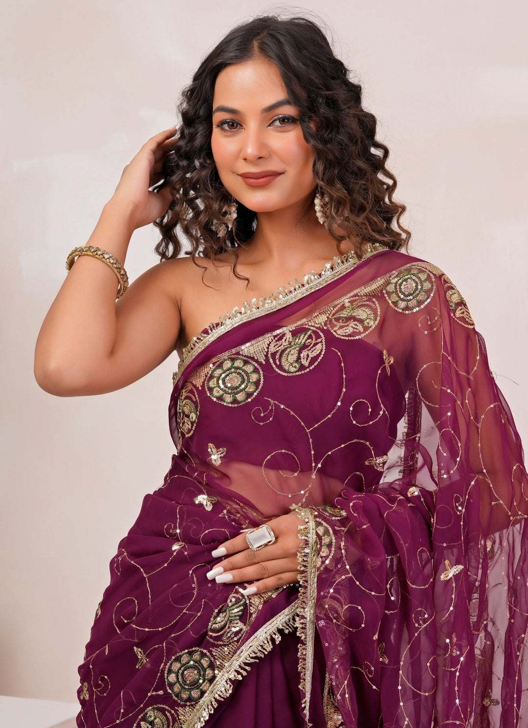 Wine Embroidered Georgette Saree