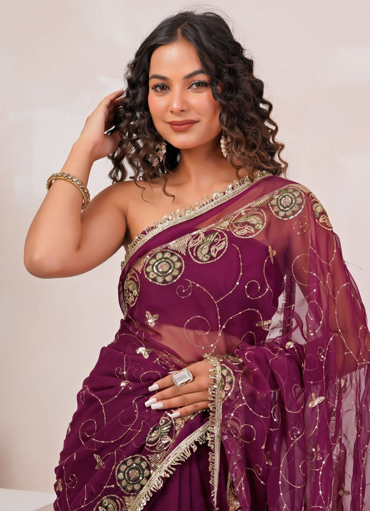 Wine Embroidered Georgette Saree