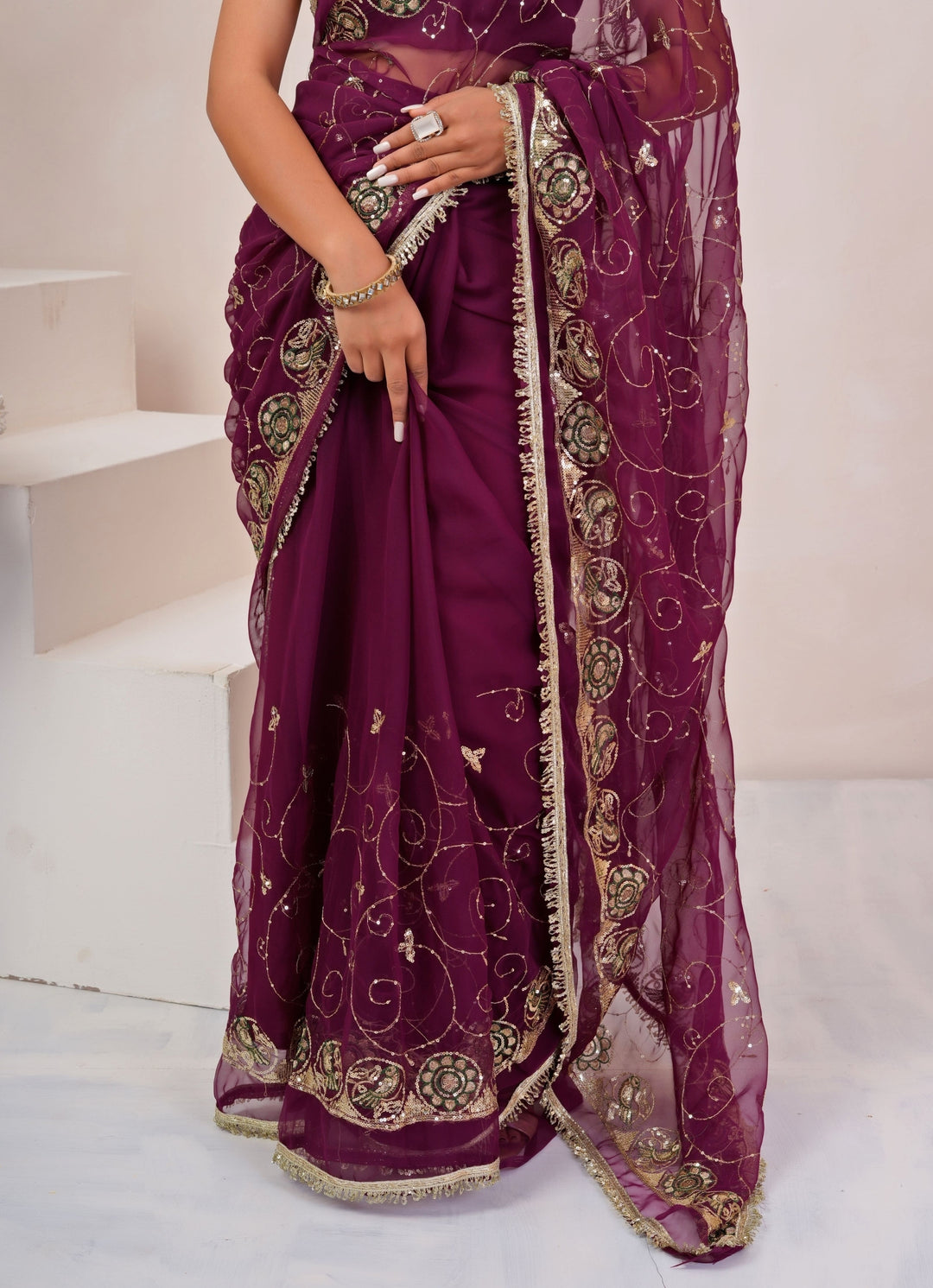 Wine Embroidered Georgette Saree
